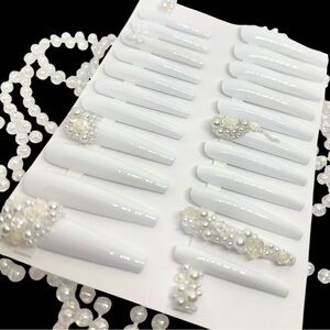Handmade Custom Press on Nails 2X Long Coffin Wedding White Pearls & Roses Nails